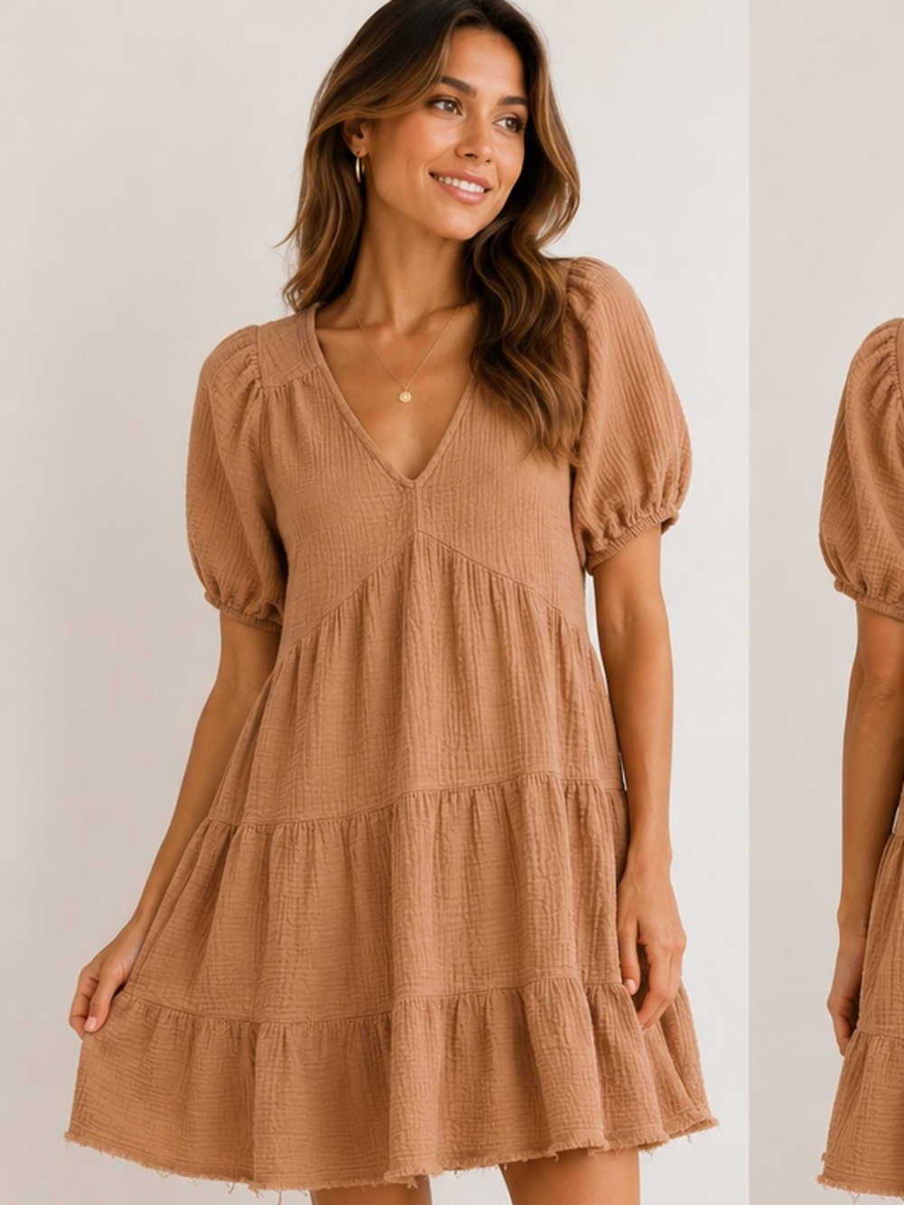 aerie 100% cotton Camel‎ Tiered V-Neck Puff-Sleeve Mini Dress S